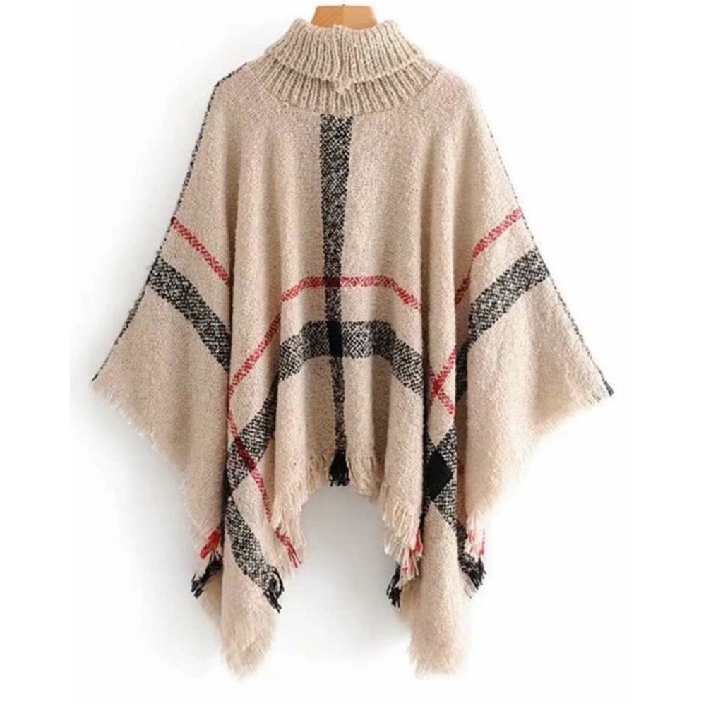 LAST🥰CHANCE Plaid poncho tan black turtleneck - Picture 3 of 4